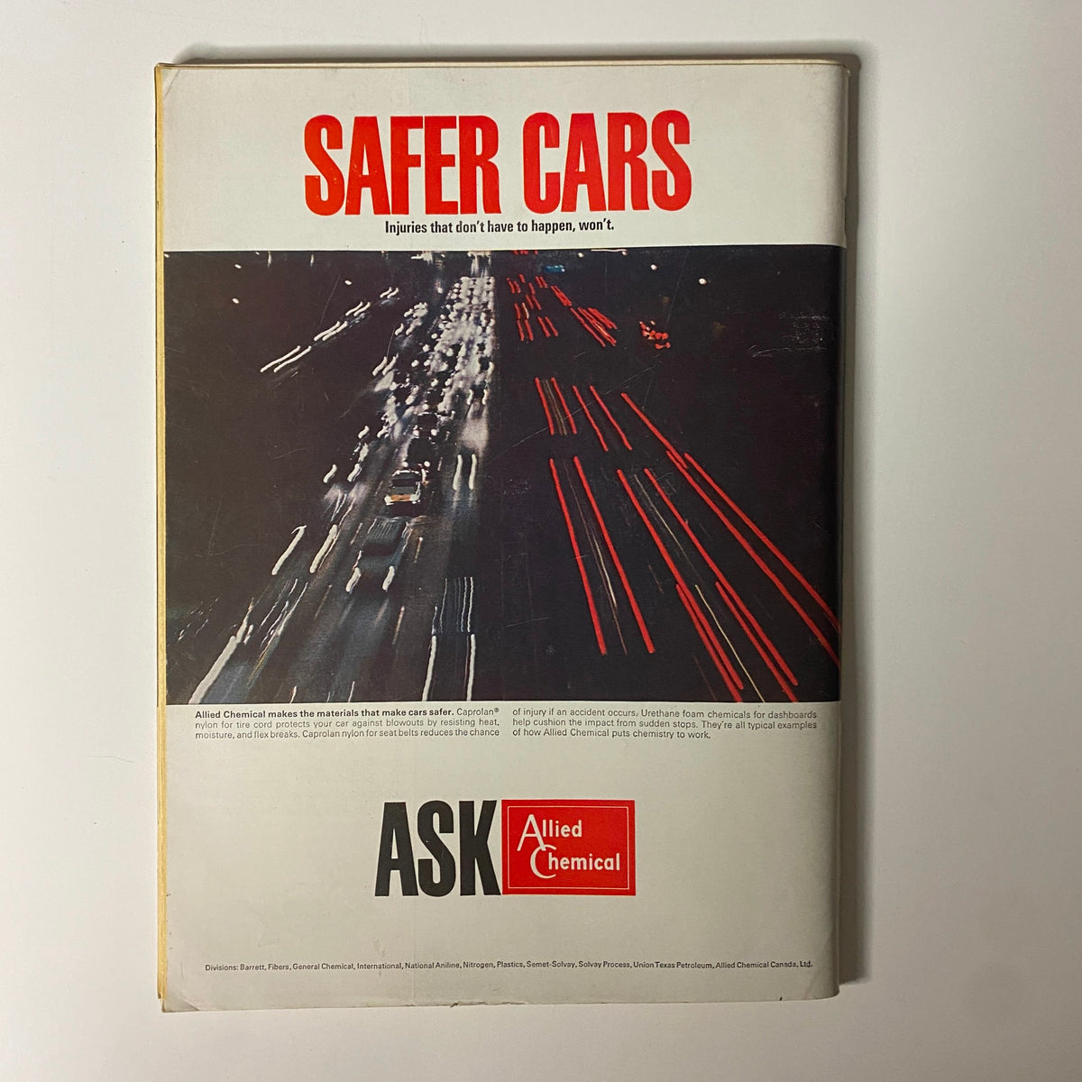 Back cover of Businessweek Magazine June 11, 1966, showcasing an advertisement for safer cars from Allied Chemical with a nighttime road background.