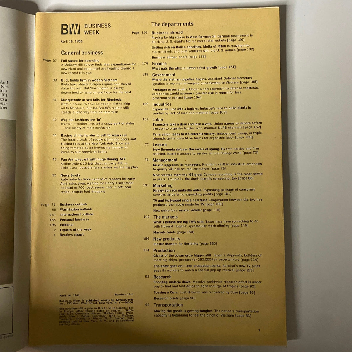 Table of contents for Businessweek Magazine April 16, 1966, outlining key articles on economic topics, including corporate strategies and the Vietnam War.
