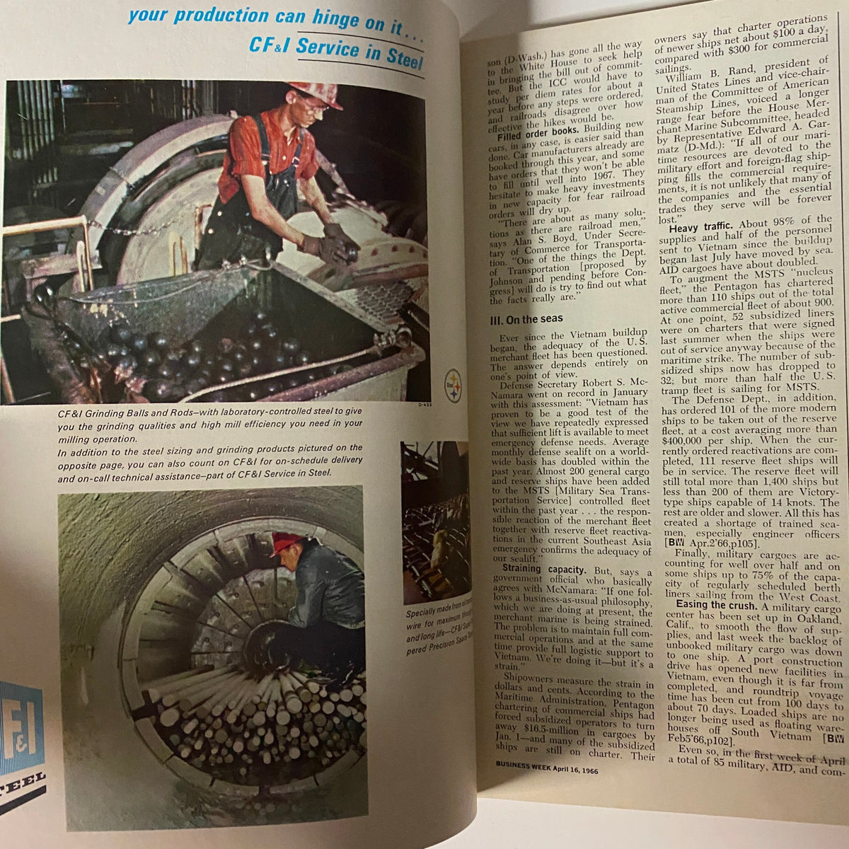 Page from Businessweek Magazine April 16, 1966 discussing CF&I Service in steel with images of workers and manufacturing processes.