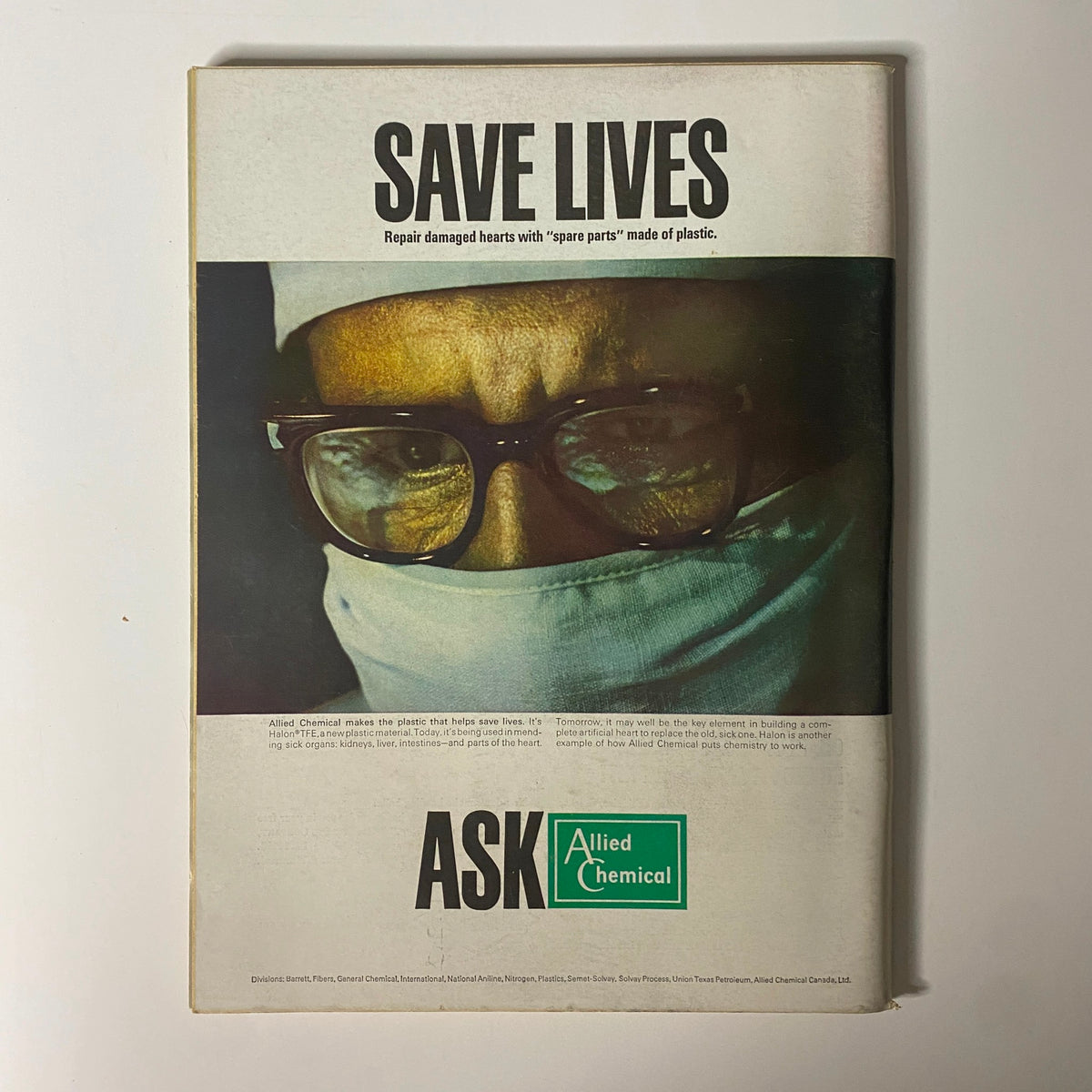 Advertisement page from Businessweek Magazine February 19, 1966, promoting Allied Chemical with a focus on life-saving plastic innovations, illustrating the interconnection between industry and healthcare.
