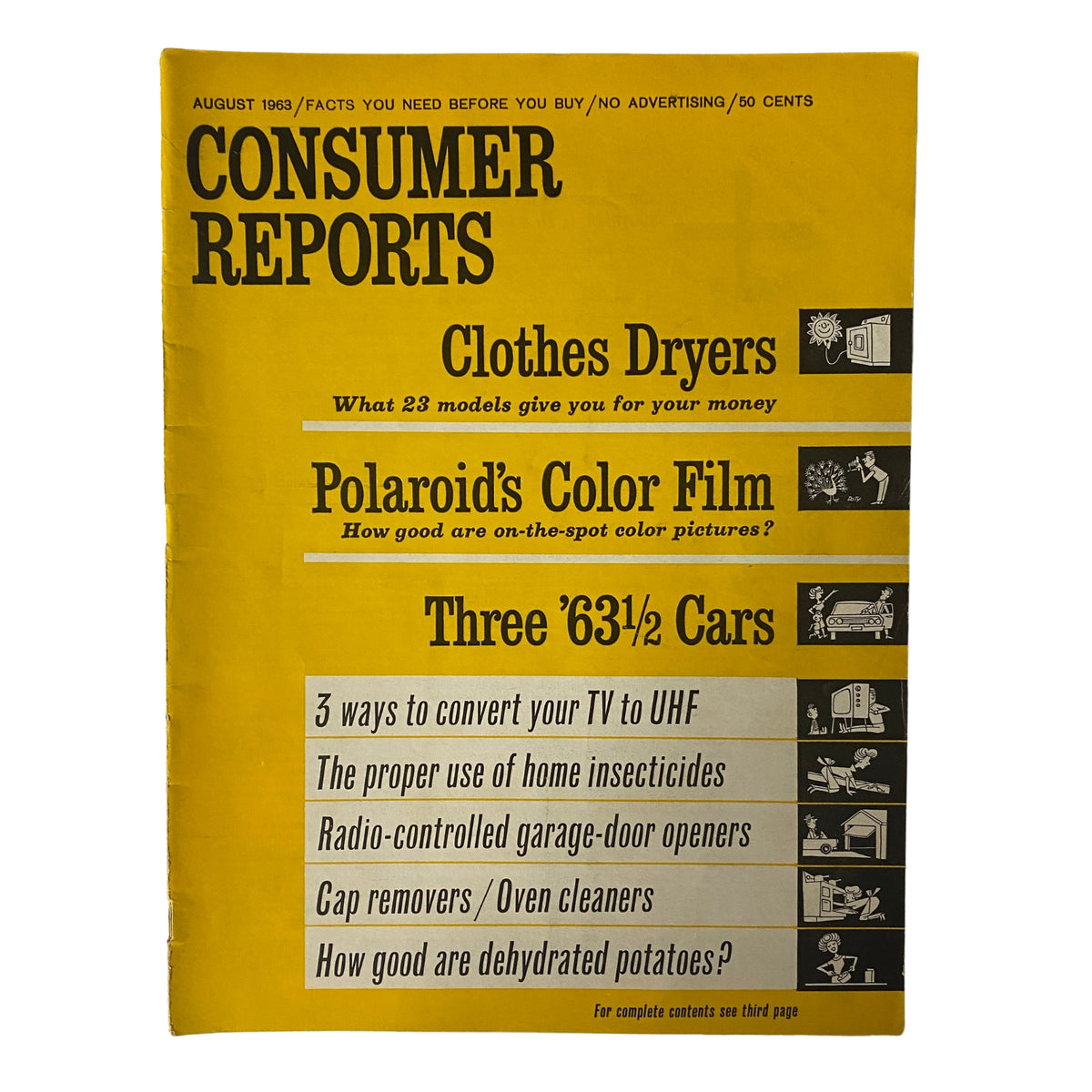 Consumer Reports Magazine August 1963 featuring Polaroid's Color Film on the cover, highlighting clothes dryers and consumer product evaluations.