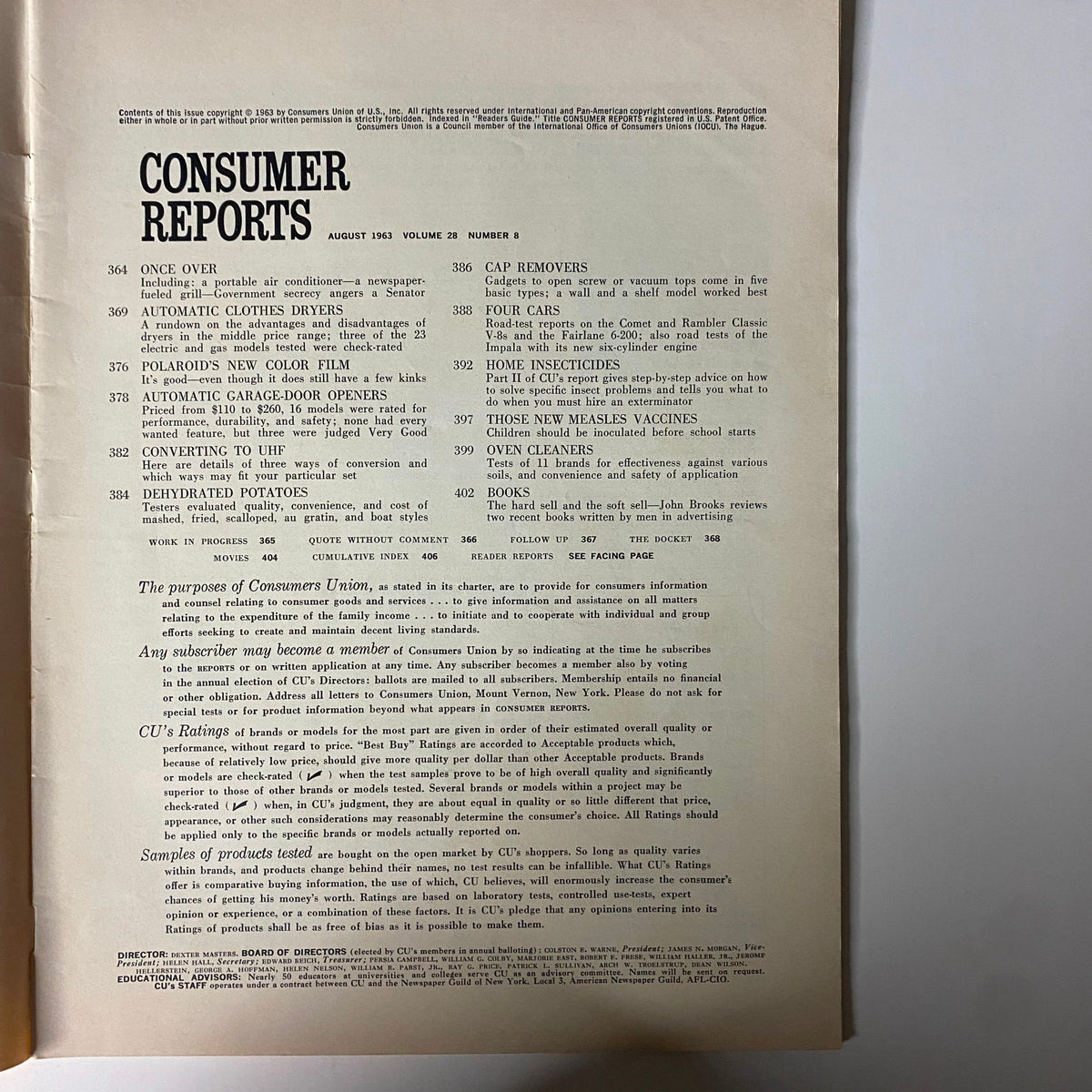 Consumer Reports Magazine August 1963 Table of Contents page featuring articles including Polaroid's New Color Film and evaluations of various consumer products.