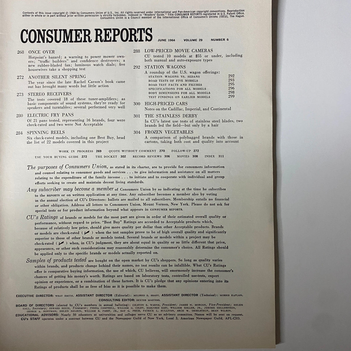 Contents page of Consumer Reports Magazine June 1964 listing articles on Stereo Receivers, Station Wagons, Movie Cameras, and more, reflecting the consumer trends of the time.