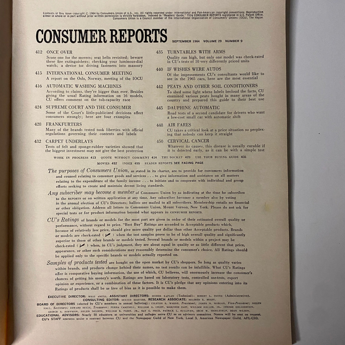 Inside page of Consumer Reports Magazine September 1964 listing contents and topics covered such as washing machines and consumer rights.