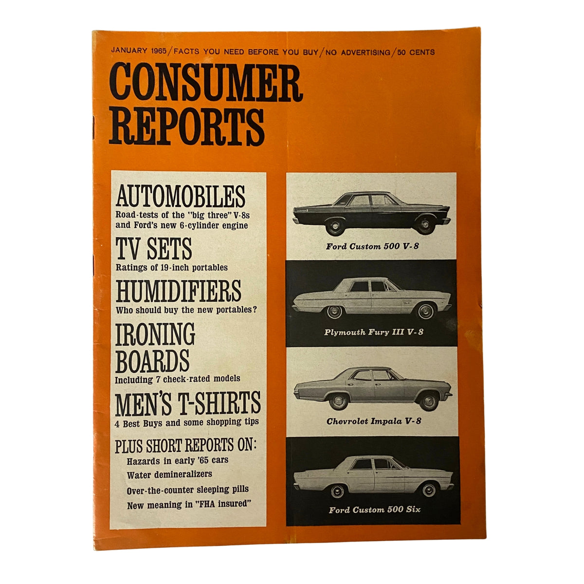 Consumer Reports Magazine January 1965 cover featuring the headline 'Automobiles,' with illustrations of Ford Custom 500 V-8, Plymouth Fury III V-8, and Chevrolet Impala V-8 while highlighting road tests of the Big Three V-8s.