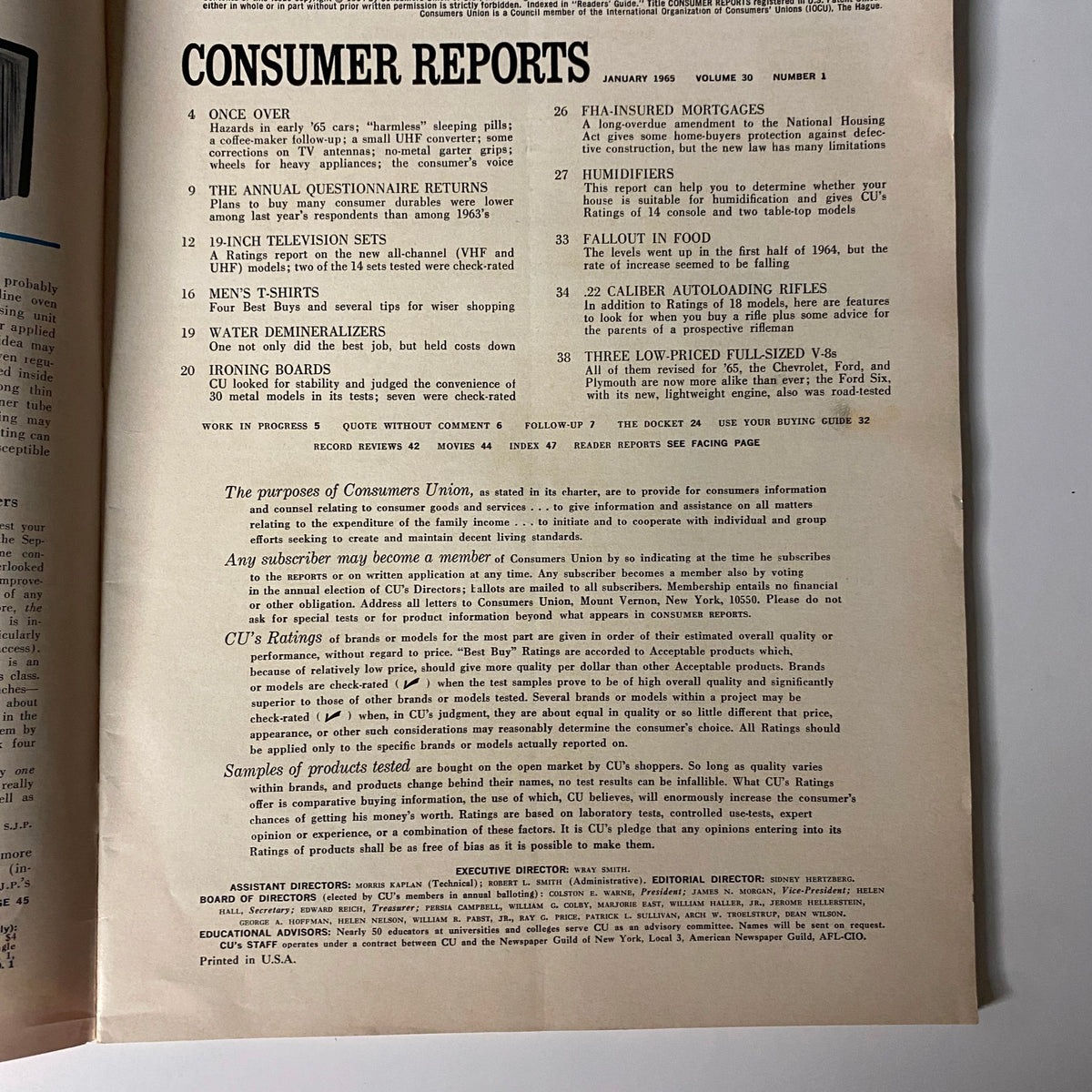 Consumer Reports Magazine January 1965, featuring article titles and highlights on consumer products, including V-8 vehicles and household items.
