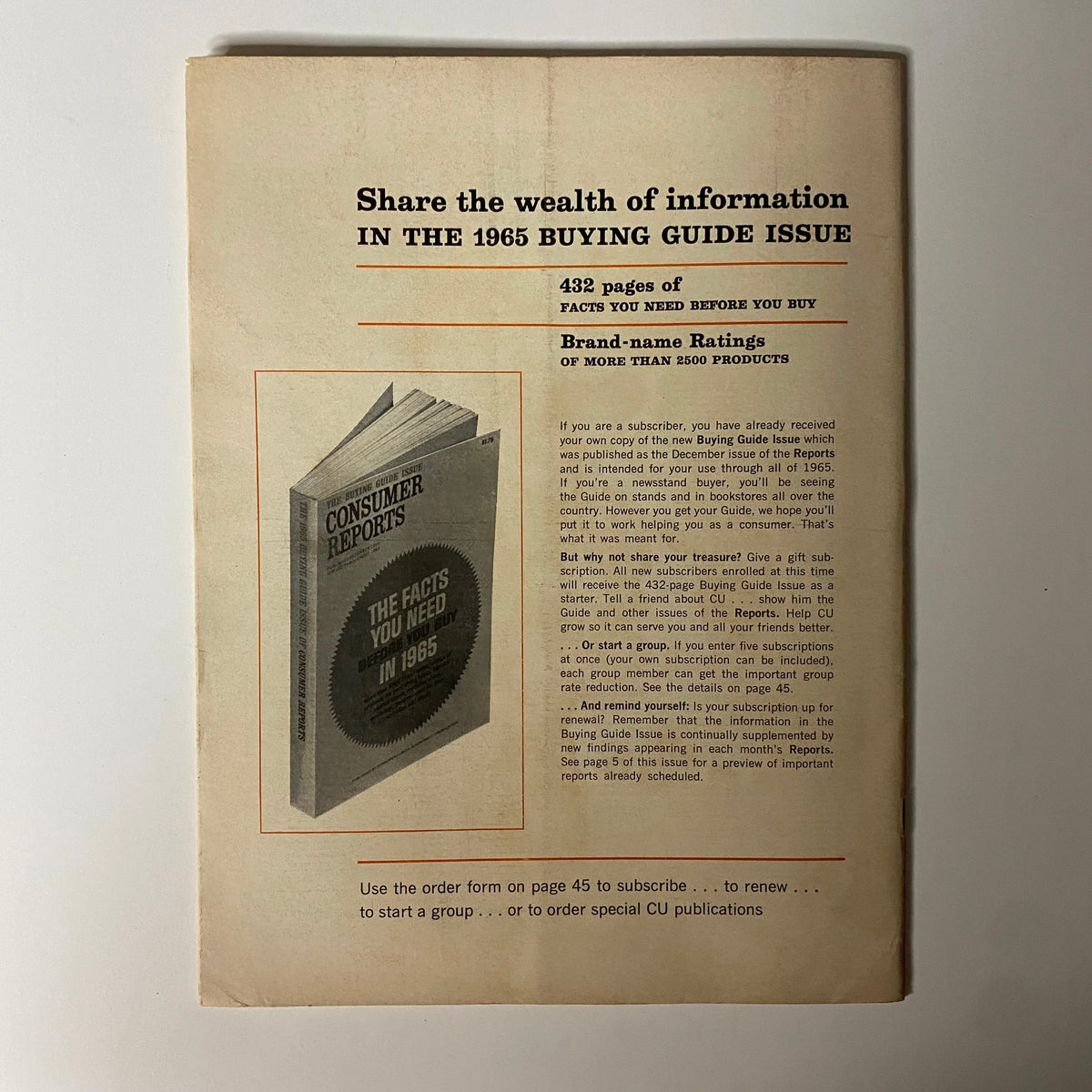 Consumer Reports Magazine January 1965, showcasing a promotional page for the Buying Guide with information on consumer product ratings.