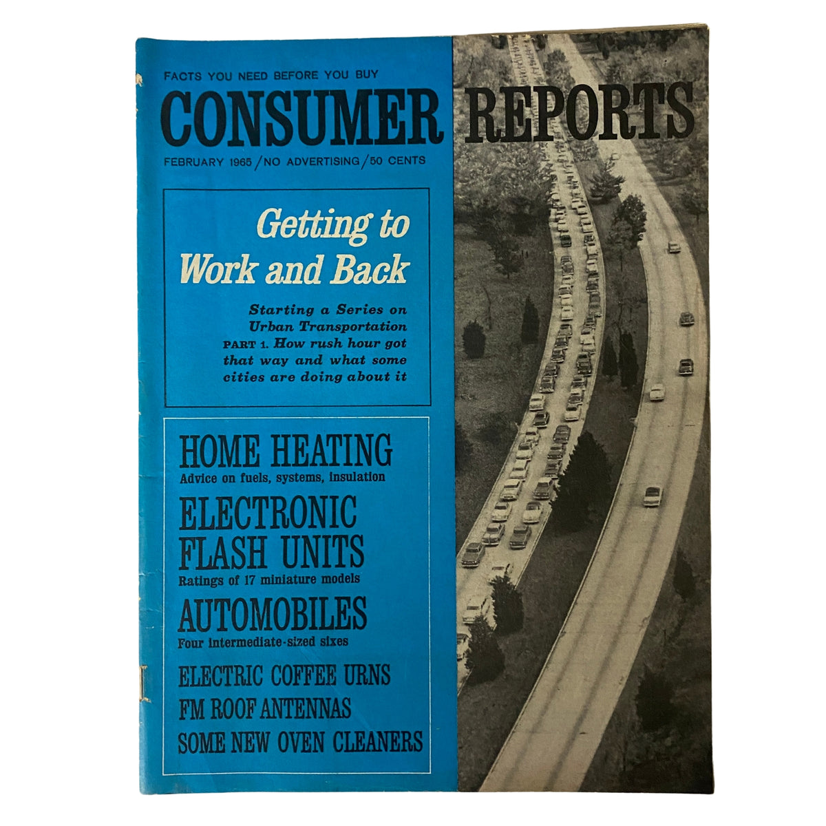 Consumer Reports Magazine February 1965 cover featuring the headline 'Getting to Work and Back' and topics on urban transportation and home heating solutions.