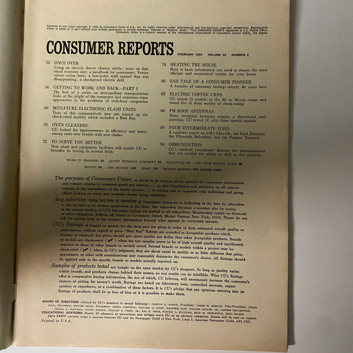 Table of contents for the February 1965 issue of Consumer Reports detailing articles on urban transportation, electronic flash units, and automotive evaluations.