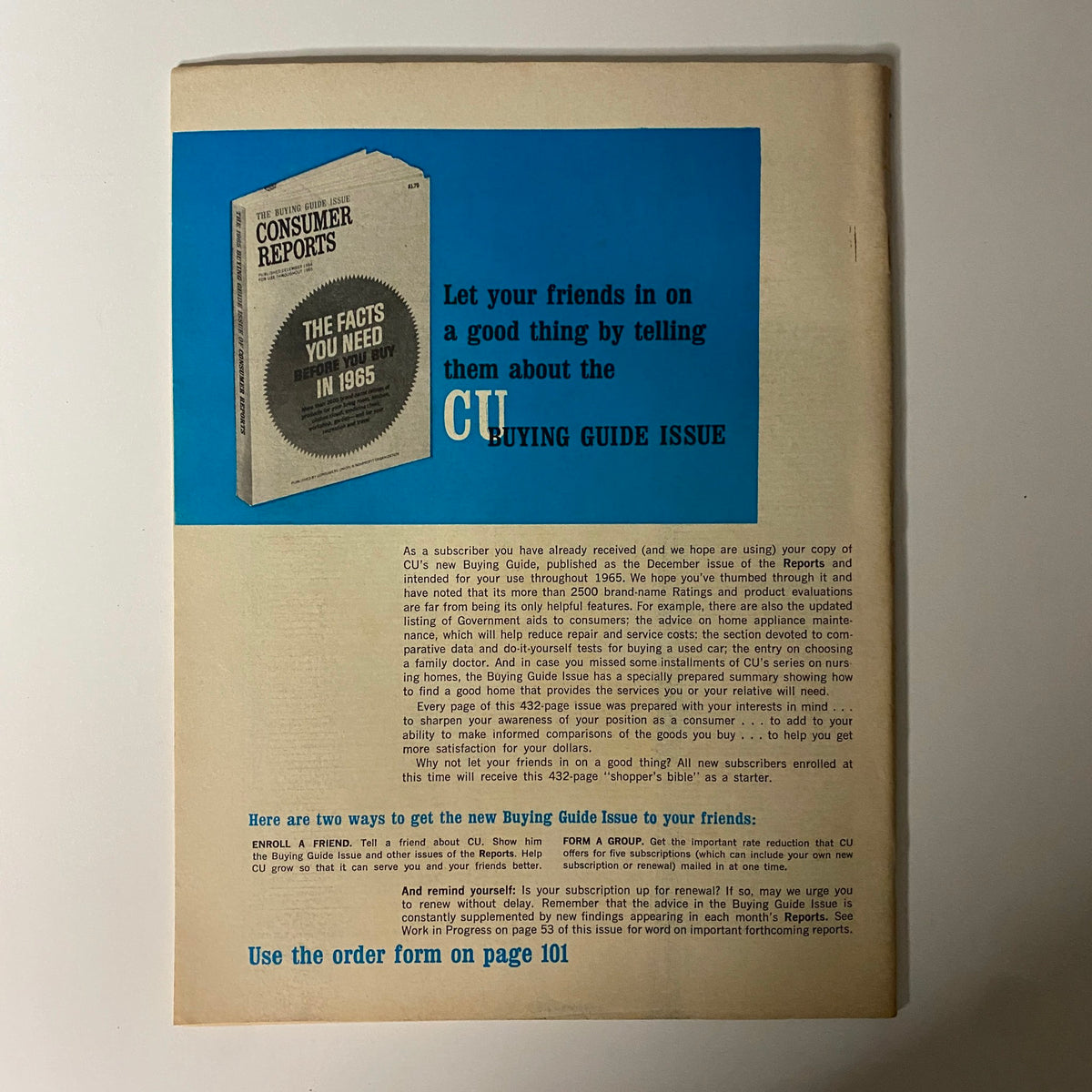 Back cover of Consumer Reports Magazine February 1965, promoting the CU Buying Guide Issue and encouraging subscribers to share its benefits, a valuable collectible for vintage magazine enthusiasts.