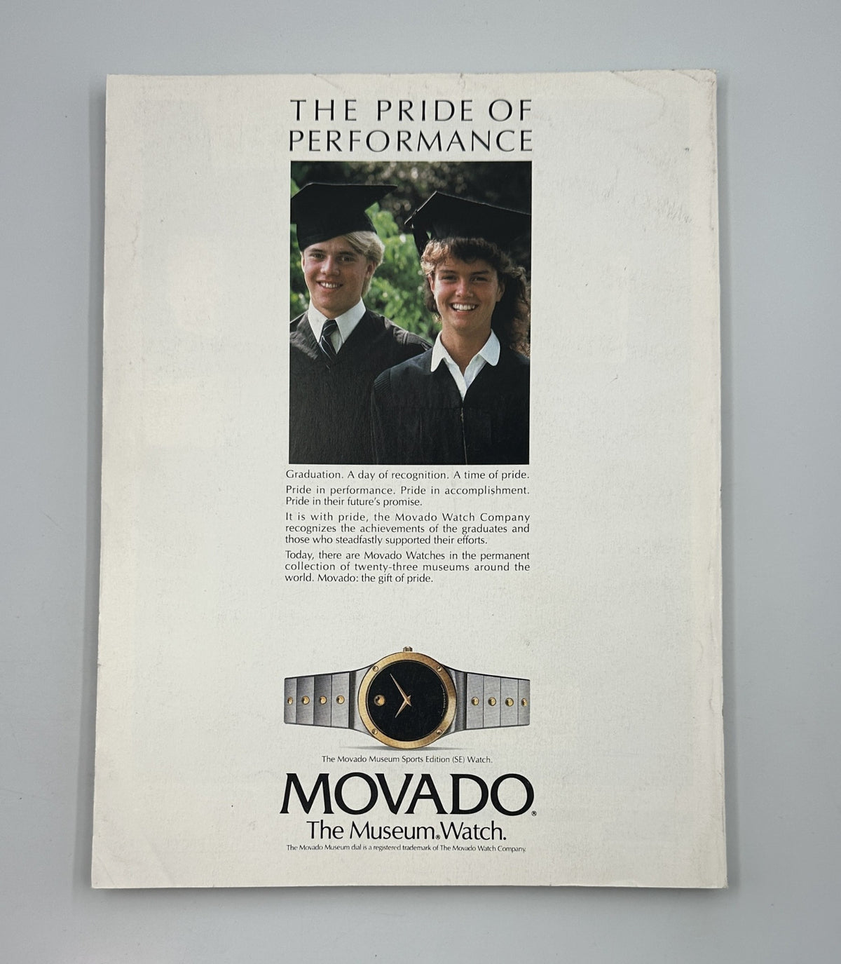 Back cover of Vanity Fair Magazine April 1992, featuring an advertisement for Movado watches, centered around the theme of performance and accomplishment.