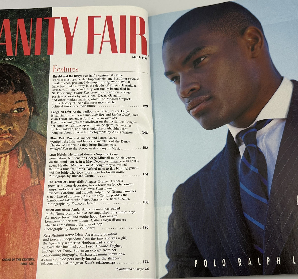 Inside spread of Vanity Fair Magazine March 1995, showcasing the Table of Contents and featuring content highlights such as 'The Art and the Glory' and 'Lange on Life', with imagery of diverse portraits and a male model in a suit.