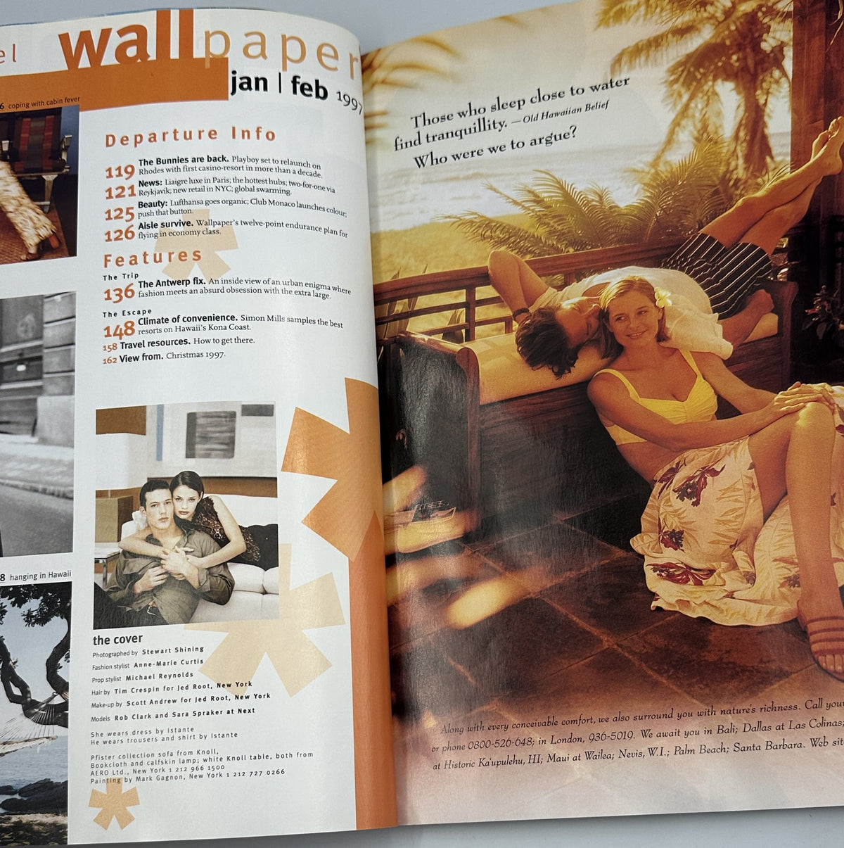 Inside page of Wallpaper Magazine January/February 1997 showcasing the Table of Contents, including features on travel and a photo of a couple.