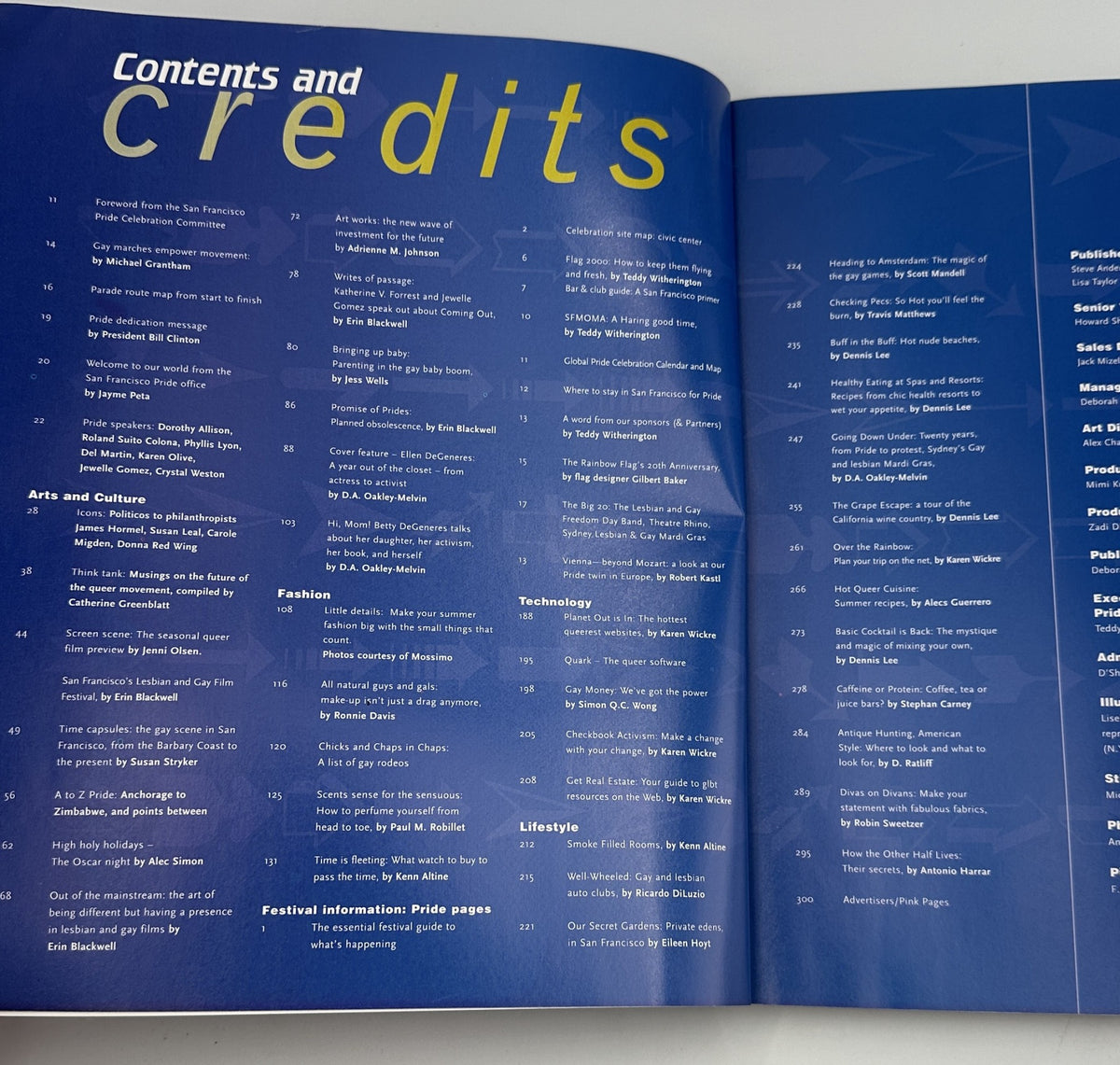 Table of Contents page from Pride Magazine 1998, outlining articles and features related to LGBTQ culture, event details, and contributions from notable authors.
