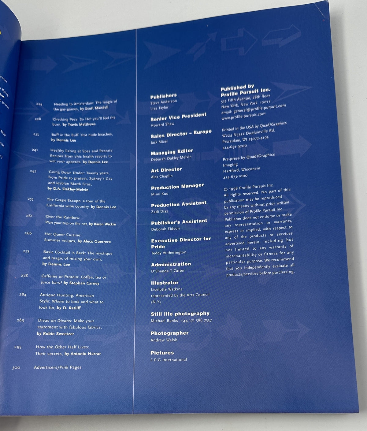 Credits page from Pride Magazine 1998, listing publishers, contributors, and production staff involved in the creation of the magazine.
