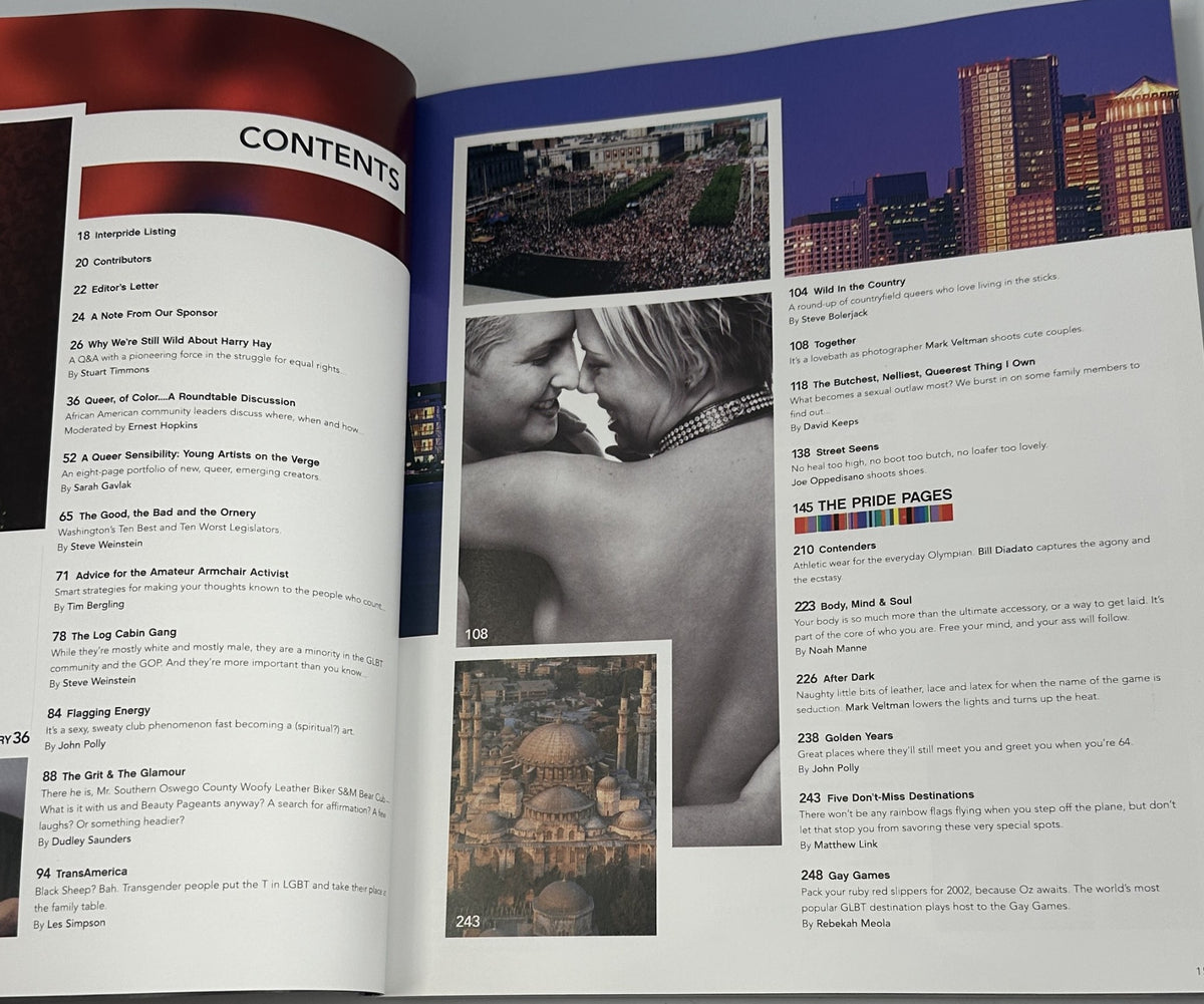 Table of contents page from Pride Magazine 2001 featuring LGBTQ liberation articles highlighted, including 'Wild in the Country' and 'The Pride Pages'. This magazine captures diverse voices and discussions within the LGBTQ community.