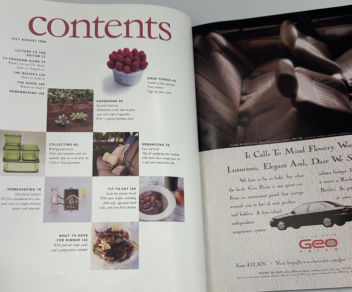 Another page of contents from Martha Stewart Living Magazine July/August 1996, detailing gardening, collecting, and other topics with accompanying images.