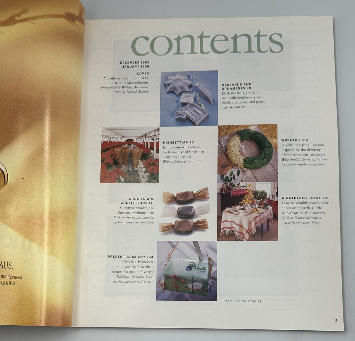 Table of contents from Martha Stewart Living Magazine December 1995, featuring wreaths, cookies, and holiday decorations.