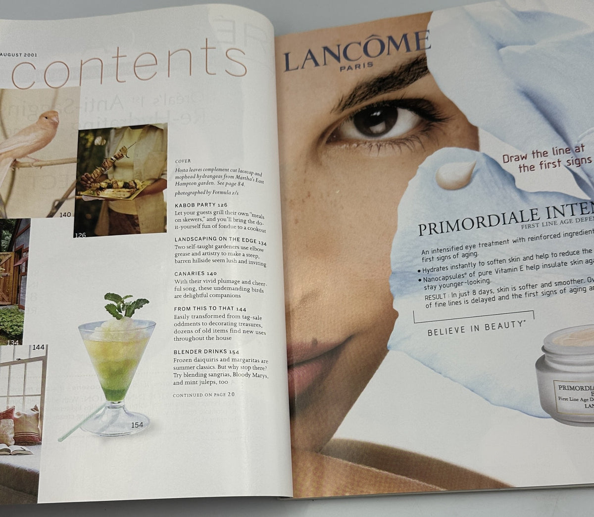 Inside page of Martha Stewart Living Magazine August 2001, displaying the table of contents and highlighting articles such as Kabob Party, Landscaping on the Edge, and Blender Drinks.