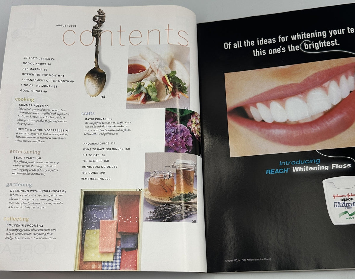 Inside page of Martha Stewart Living Magazine August 2001, showing a detailed table of contents with featured sections like Cooking, Gardening, Crafts, and Collecting, along with information on Batik Prints and other topics.