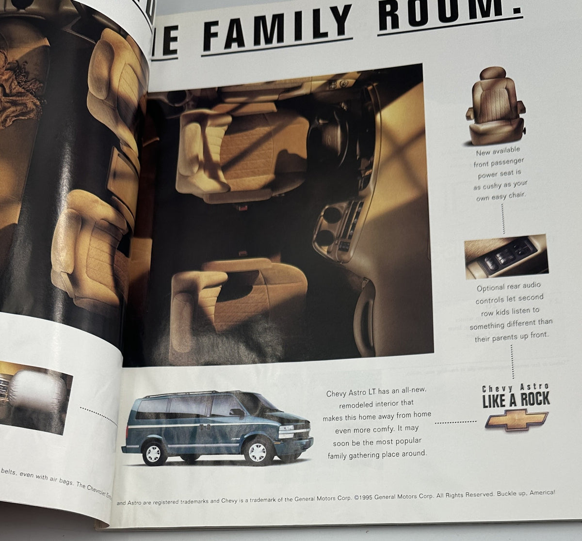 Interior view of a Chevy Astro LT van showcasing its remodeled seating and control features, as featured in the Martha Stewart Living Magazine February 1996 Valentines Chocolates Honey issue.