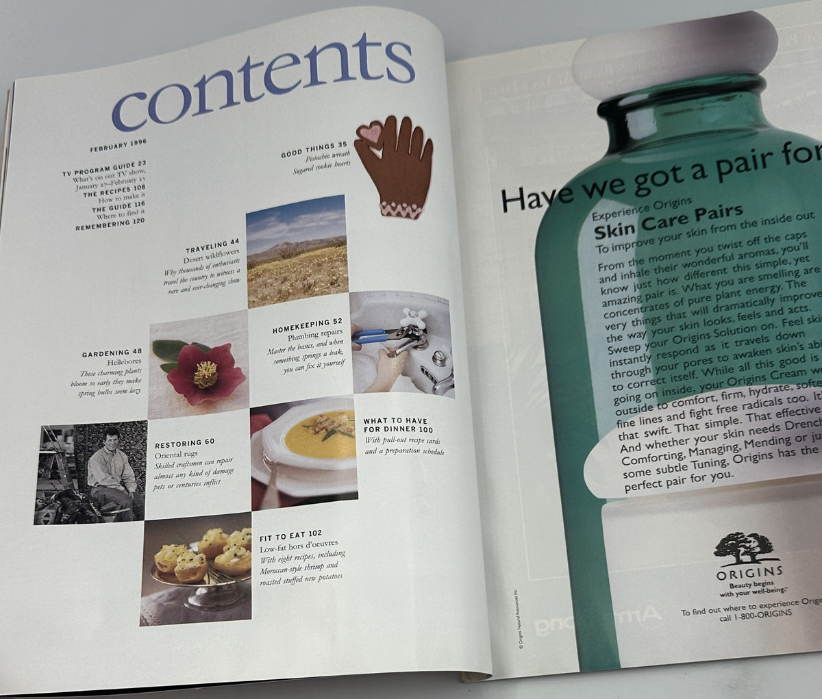 Another inside page of Martha Stewart Living Magazine February 1996 presenting the Table of Contents, including articles on homekeeping, gardening, and dinner ideas.