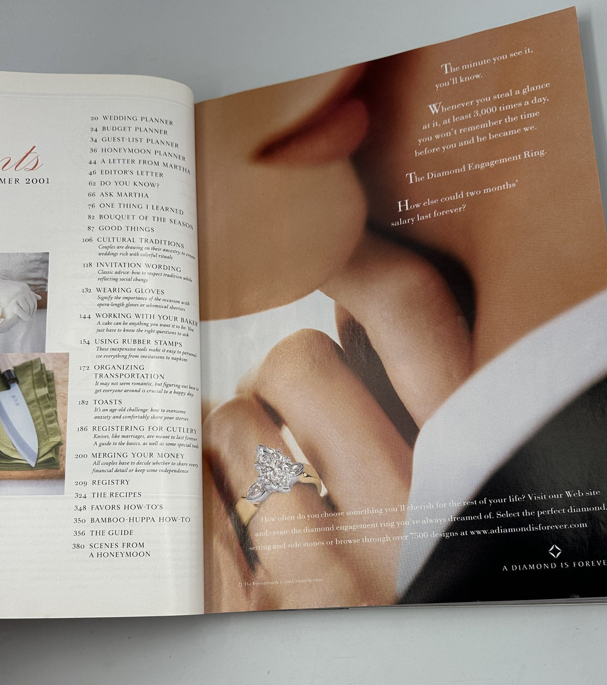 Interior page of Martha Stewart Weddings Magazine Summer 2001 showcasing engagement rings and tips for organizing transportation for weddings.