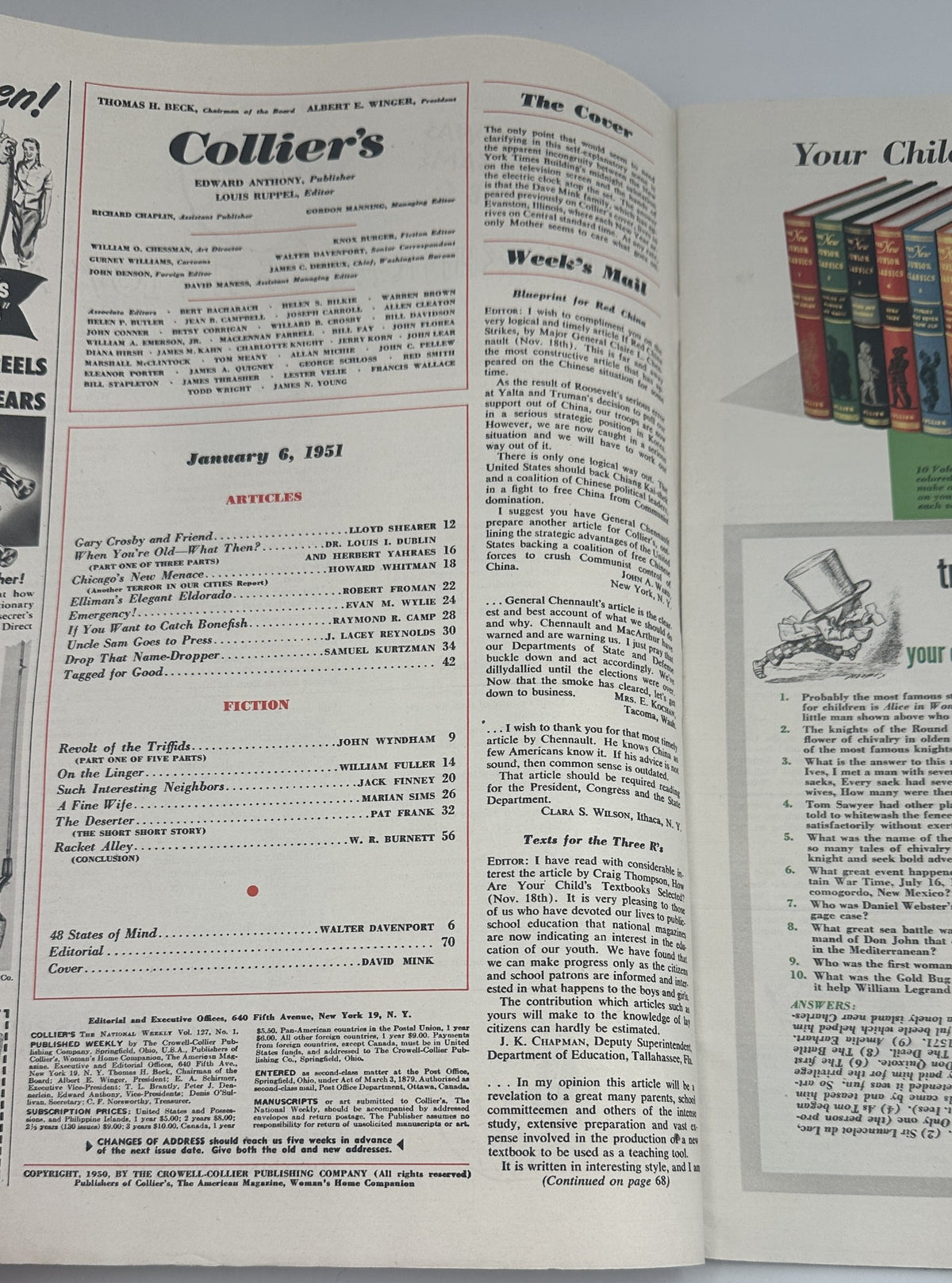 Collier’s Magazine January 6, 1951, featuring a New Year cover art depicting a family scene in front of a television. The interior page shows the Table of Contents, highlighting articles and fiction included in the magazine.