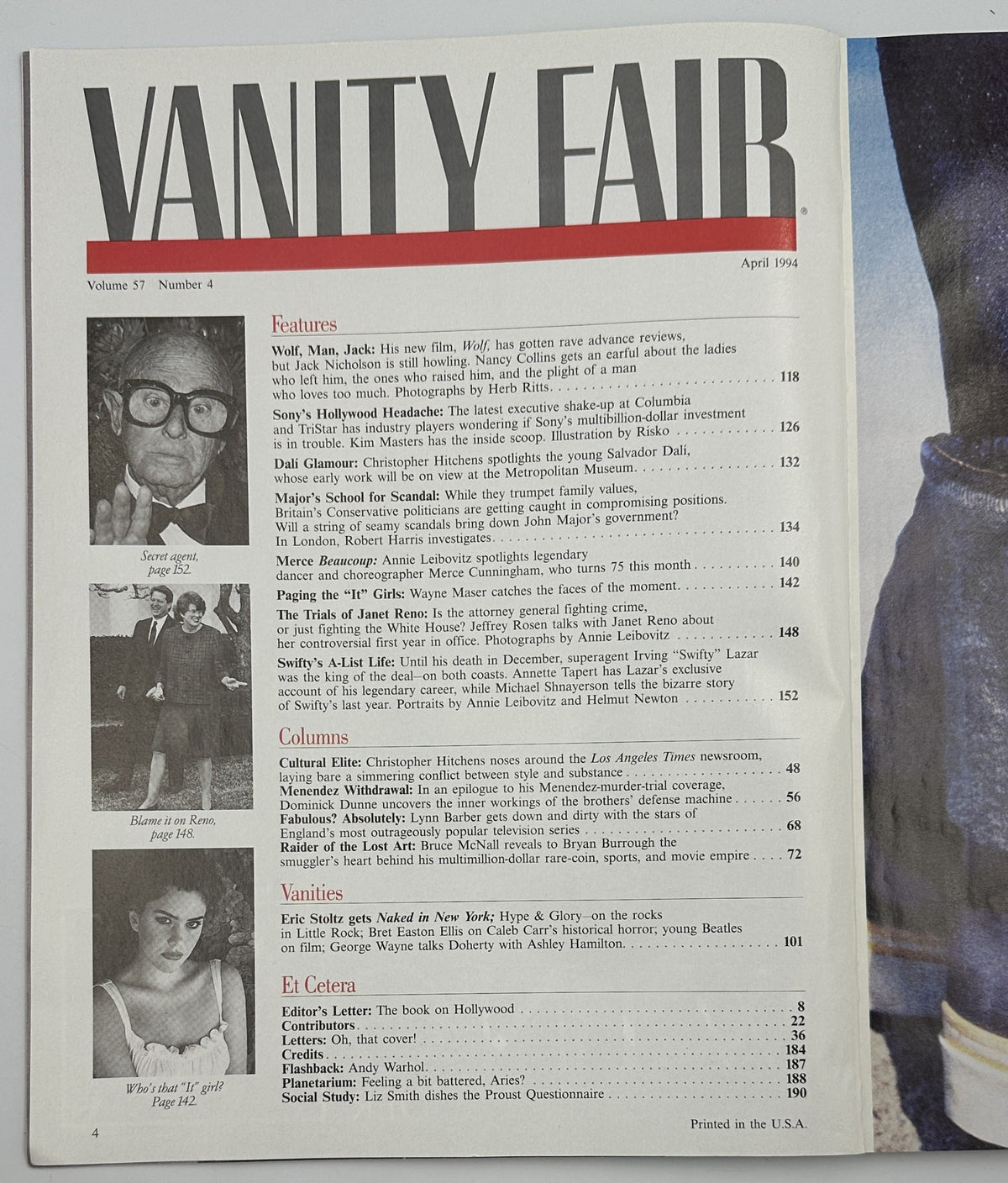 Inside pages of Vanity Fair Magazine April 1994 displaying the Table of Contents with features including an article about Jack Nicholson, Janet Reno, and other notable topics.