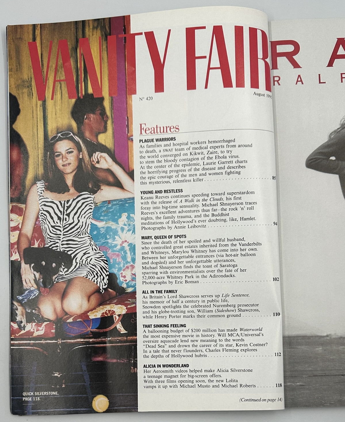 Vanity Fair Magazine August 1995 featuring an article on Keanu Reeves, table of contents highlighted, showcasing a vintage magazine in very good condition.