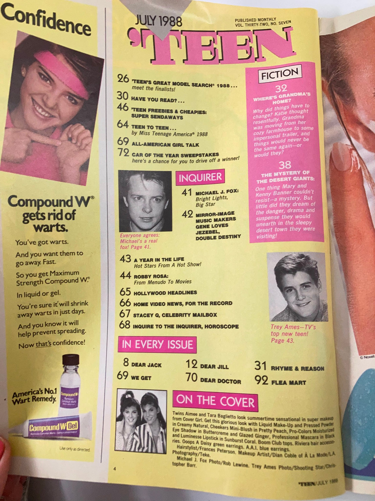 Inside page of July 1988 Teen Magazine highlighting articles and features, including a section on cover girls Aimee and Tara Baglietto.