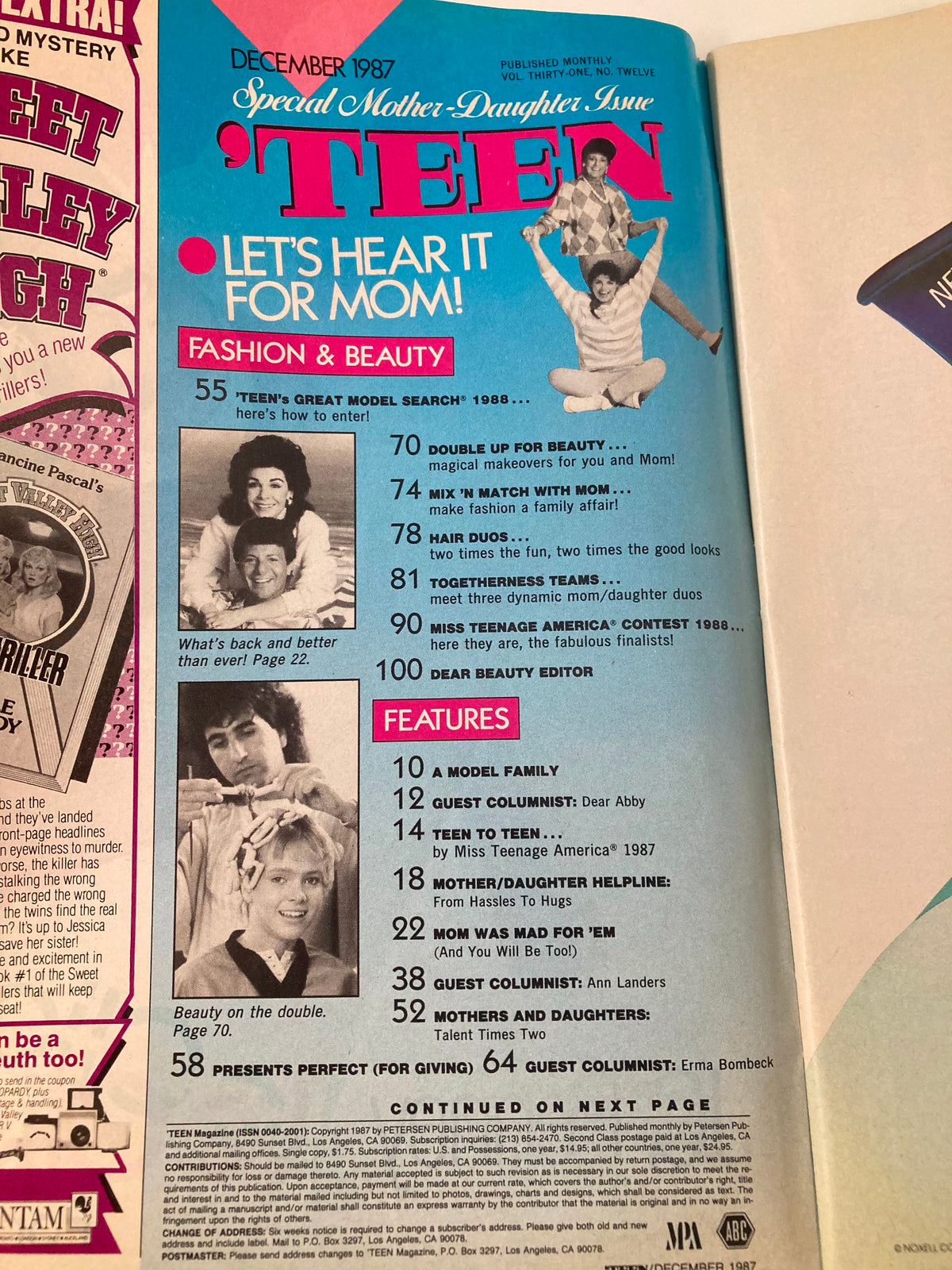 Interior page of VTG Teen Magazine December 1987 showcasing articles and features such as fashion, beauty tips, and celebrity guest columnists.