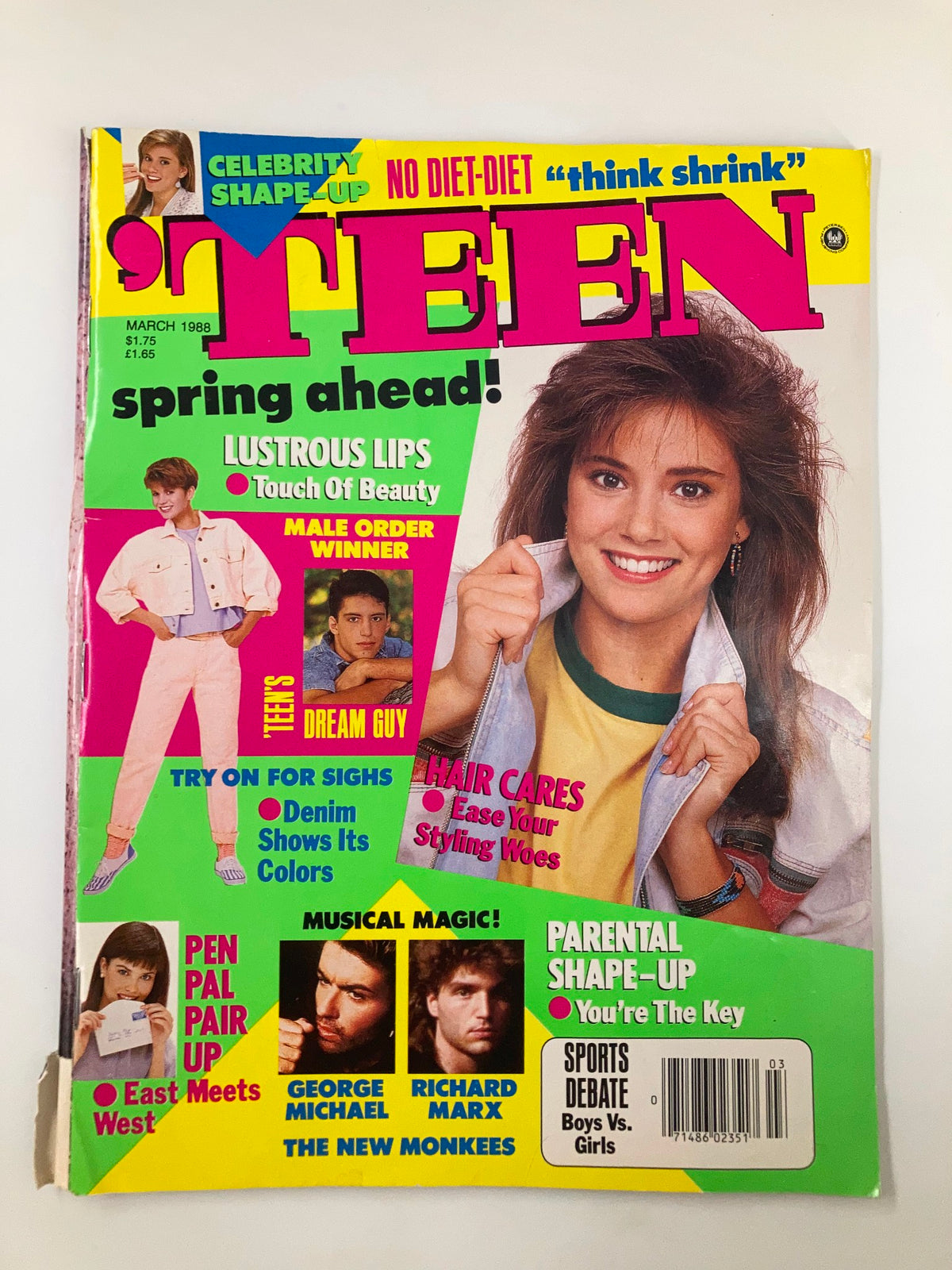 Cover of VTG Teen Magazine March 1988 featuring George Michael and Richard Marx, showcasing vibrant colors and 80s fashion trends.