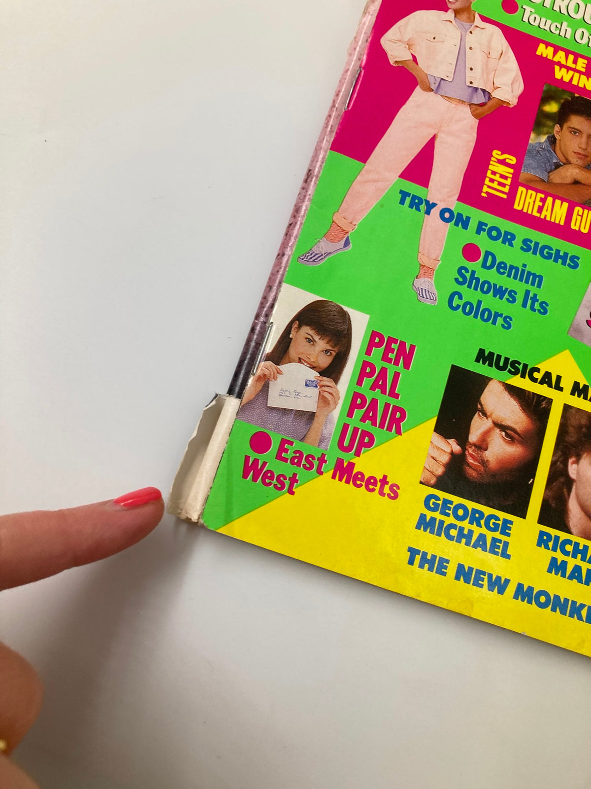 Close-up of the corner of VTG Teen Magazine March 1988, highlighting details of the cover including articles about George Michael and Richard Marx.