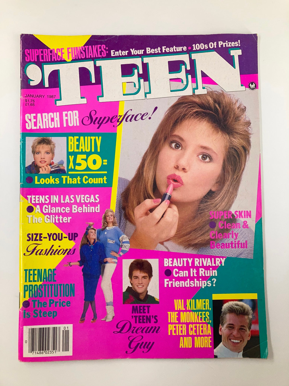 Teen Magazine January 1987 cover featuring Val Kilmer, The Monkees, and Peter Cetera, showcasing vibrant colors and a nostalgic design.