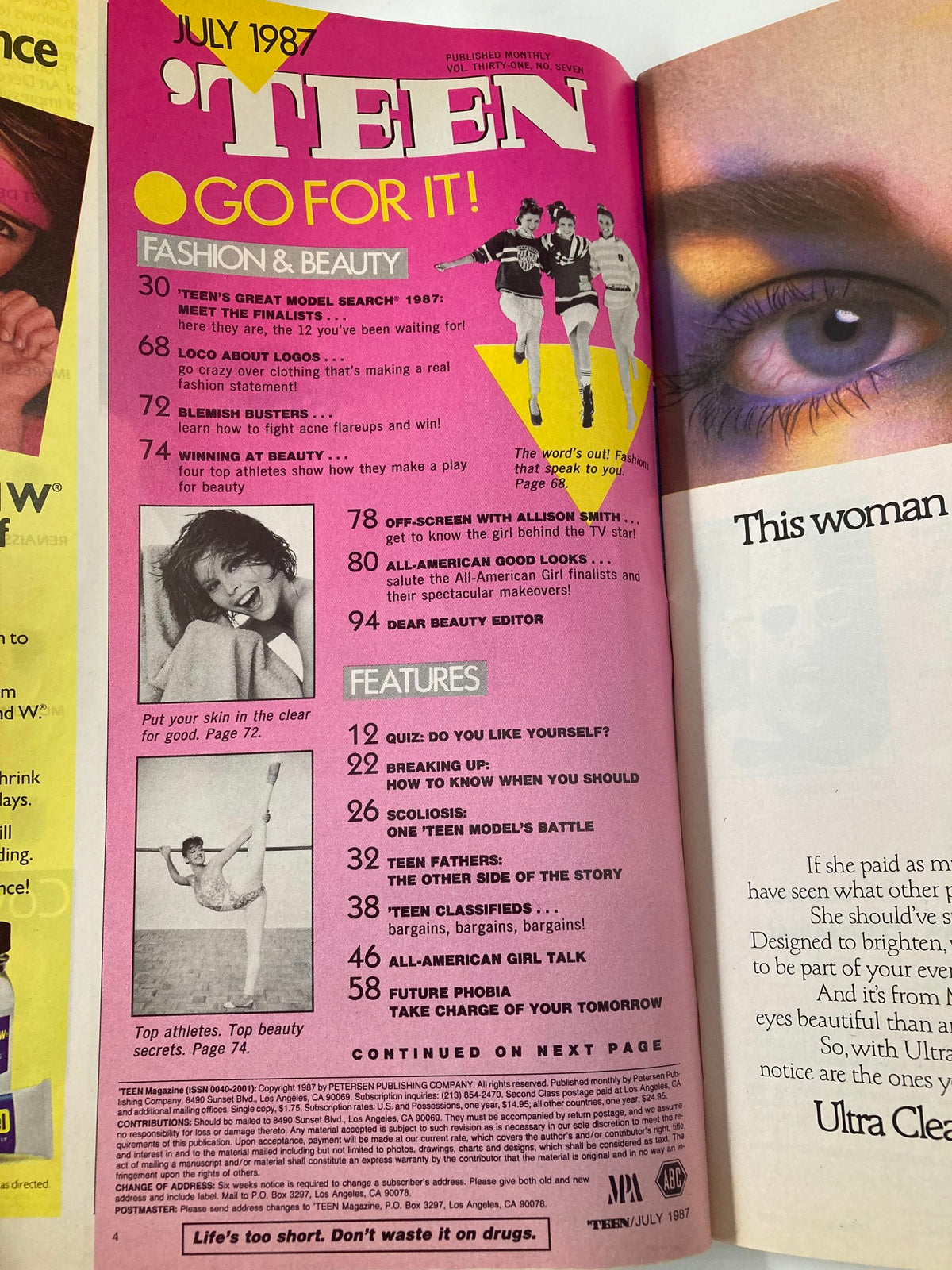 Inside page of VTG Teen Magazine July 1987 showcasing features and articles related to fashion and beauty.