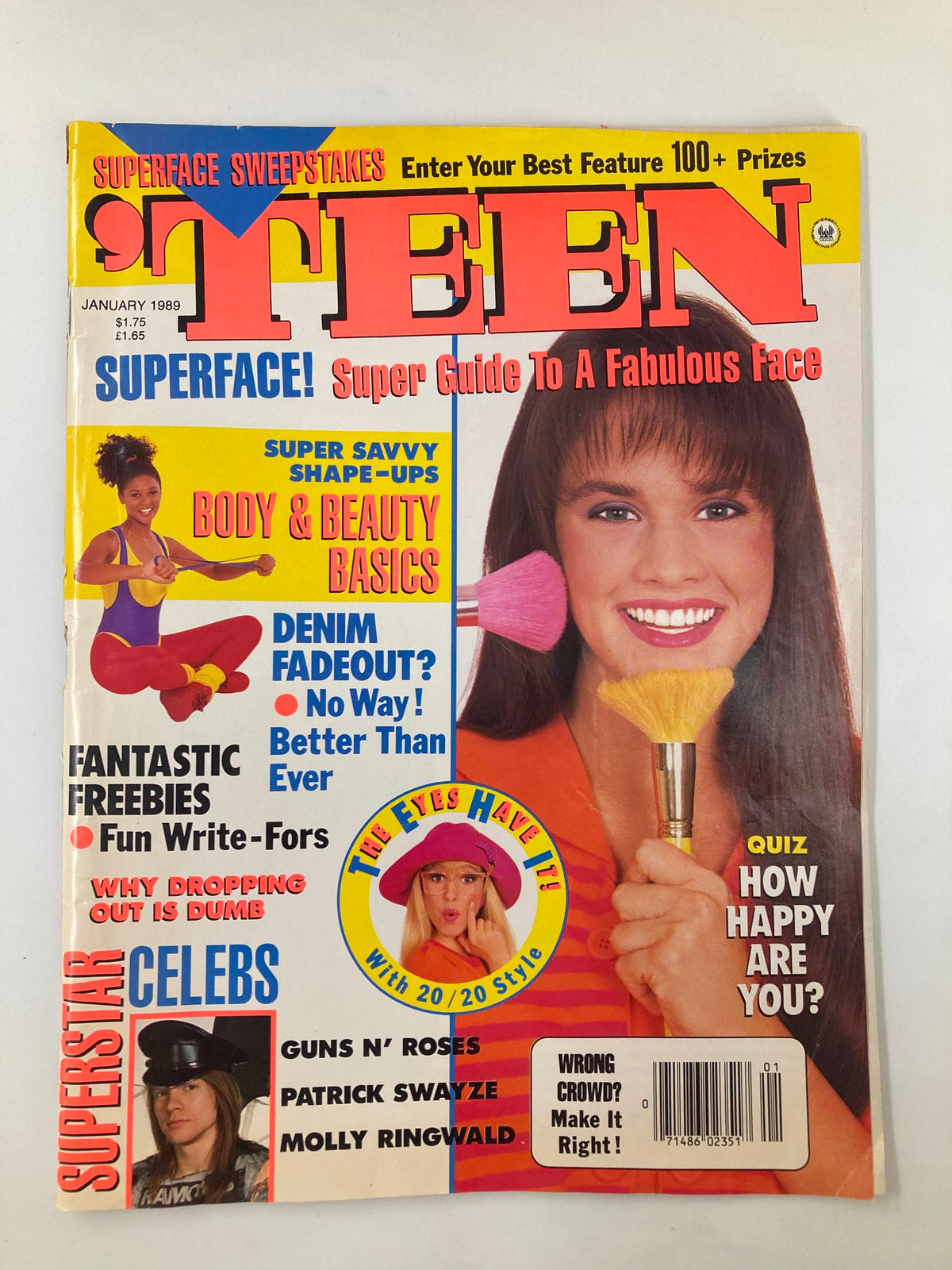 Cover of VTG Teen Magazine January 1989 featuring music icon Axl Rose, heartthrob Patrick Swayze, and teen darling Molly Ringwald, showcasing vibrant colors and retro fashion.