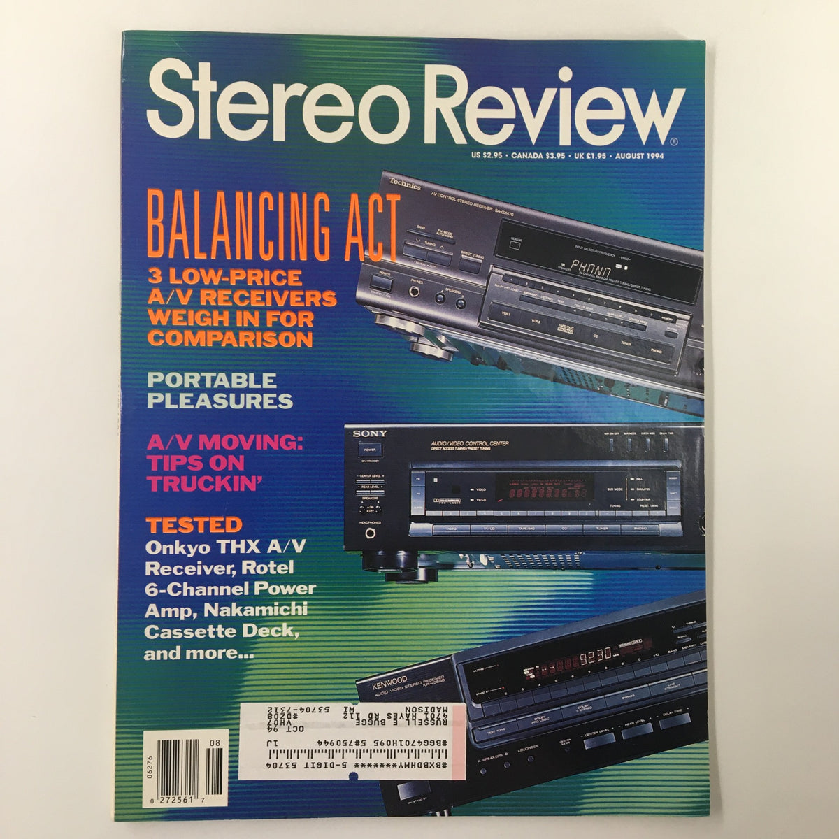 Cover of Stereo Review Magazine August 1994 featuring A/V receivers comparison. Highlights include the 'Balancing Act' section and models from Technics, Sony, and Kenwood.