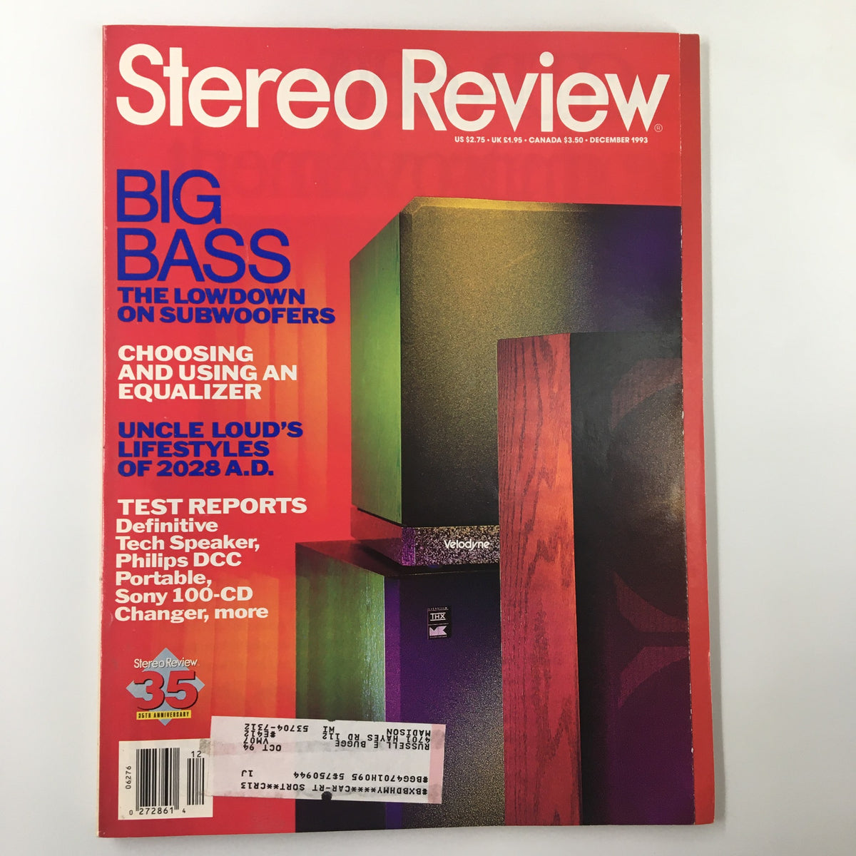 Cover of Stereo Review Magazine December 1993 featuring the title 'Uncle Loud's Lifestyles of 2028 A.D.' and topics on subwoofers and equalizers.