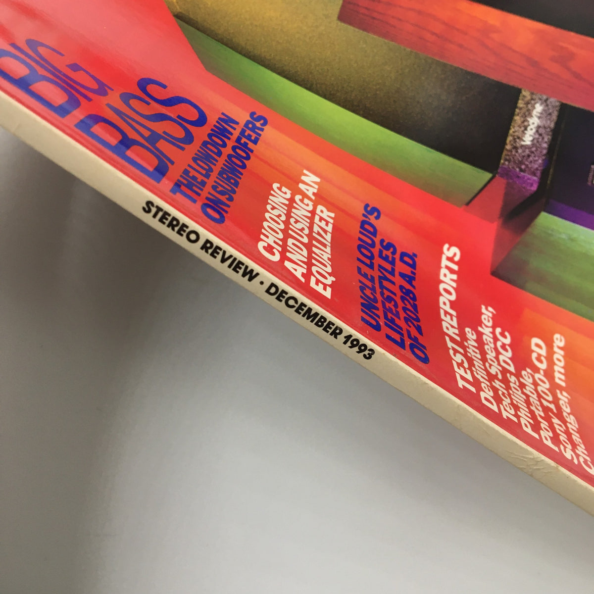 Side view of Stereo Review Magazine December 1993, highlighting the title 'Uncle Loud's Lifestyles of 2028 A.D.' along with additional articles about audio equipment.