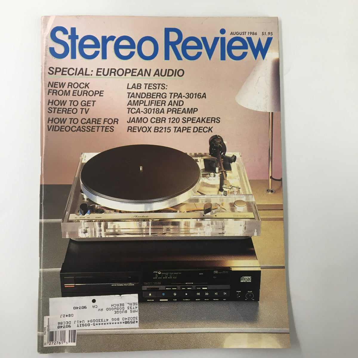 Cover of Stereo Review Magazine August 1986 featuring lab tests on the Tandberg TPA-3016A Amplifier, showcasing a turntable and tape deck.