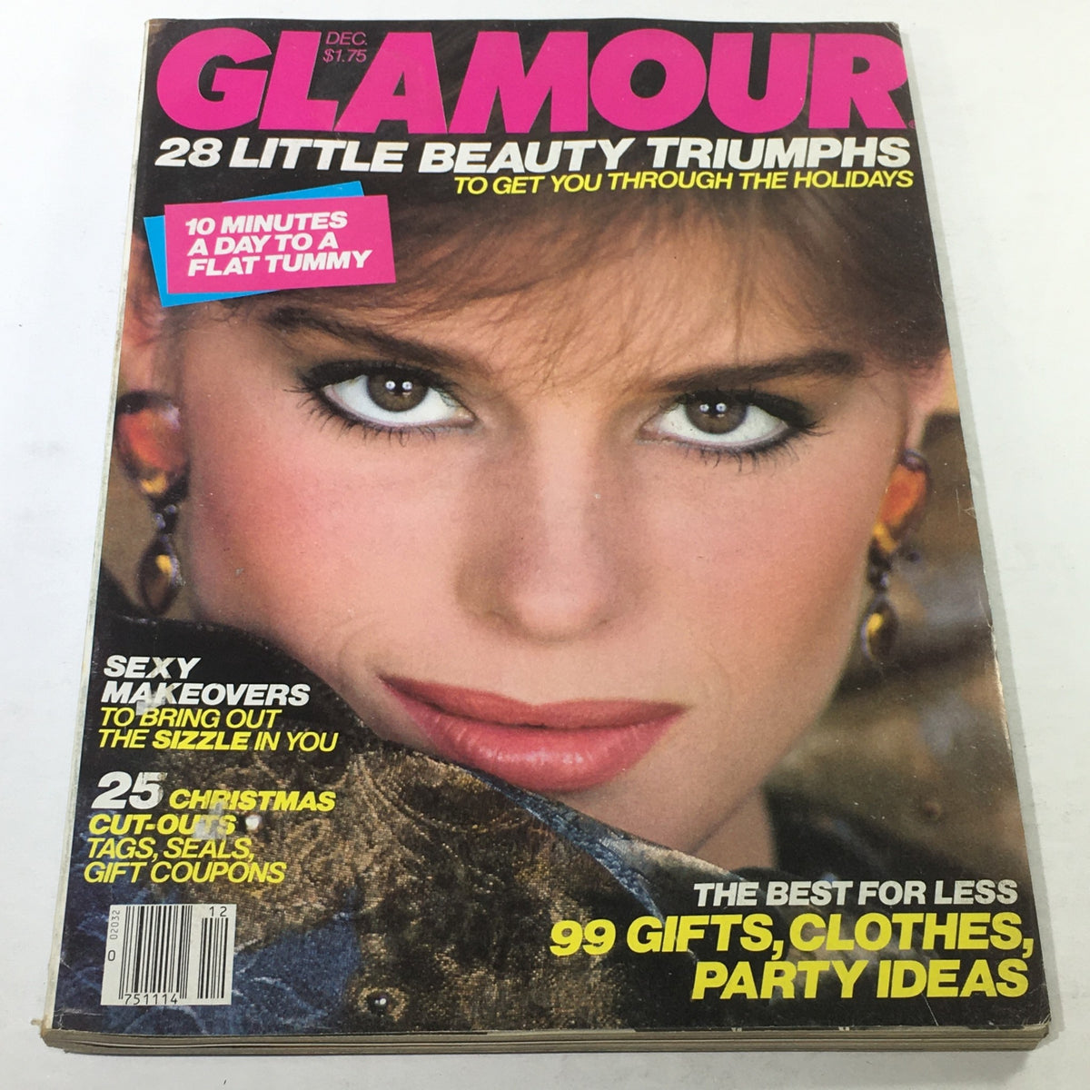 Cover of the VTG Glamour Magazine: December 1982 featuring model Jackie Adams, showcasing 28 Beauty Triumphs and holiday tips.