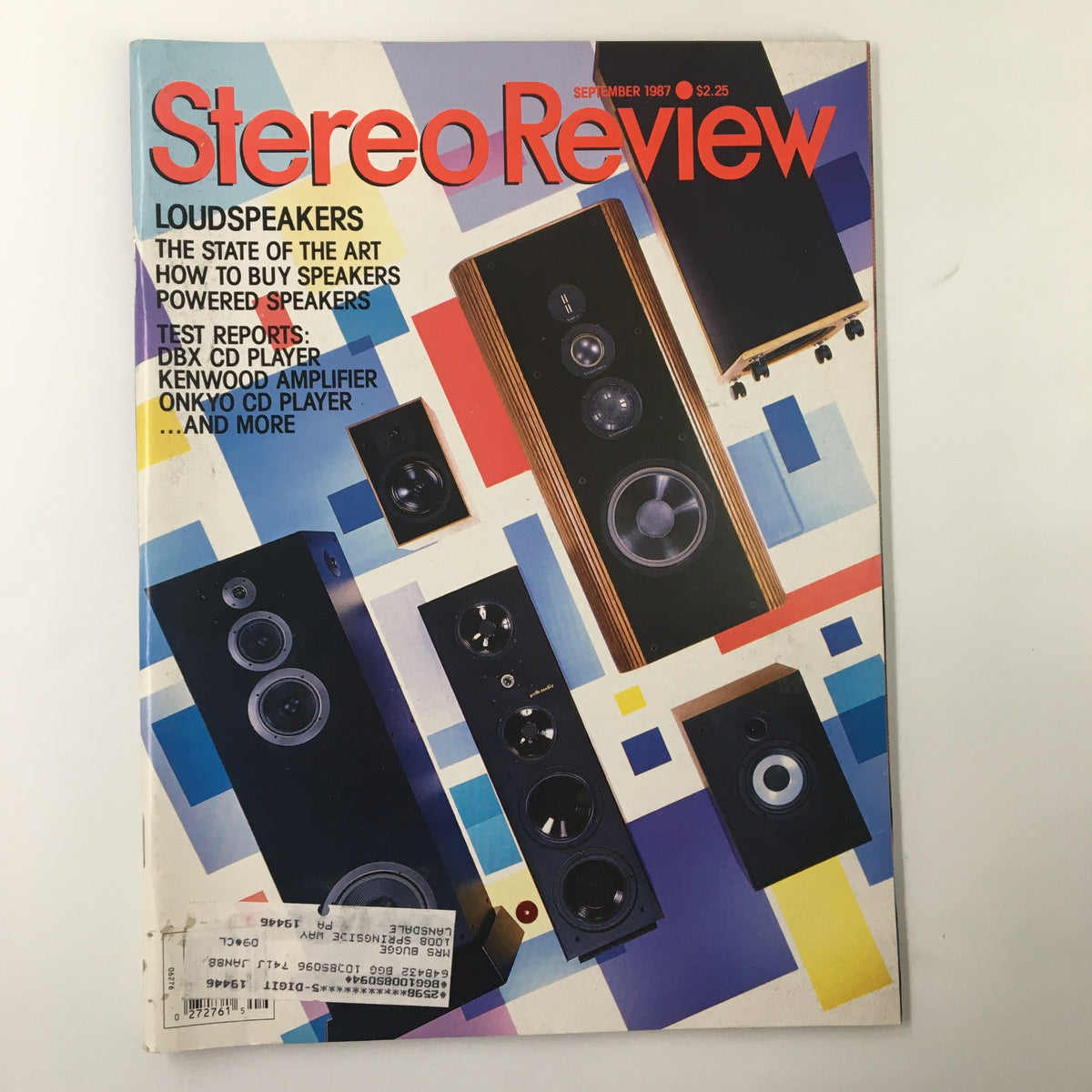 Cover of Stereo Review Magazine September 1987 featuring Design Acoustics PS-103 and Klipsch KG2 speakers, showcasing various loudspeakers against a colorful background.