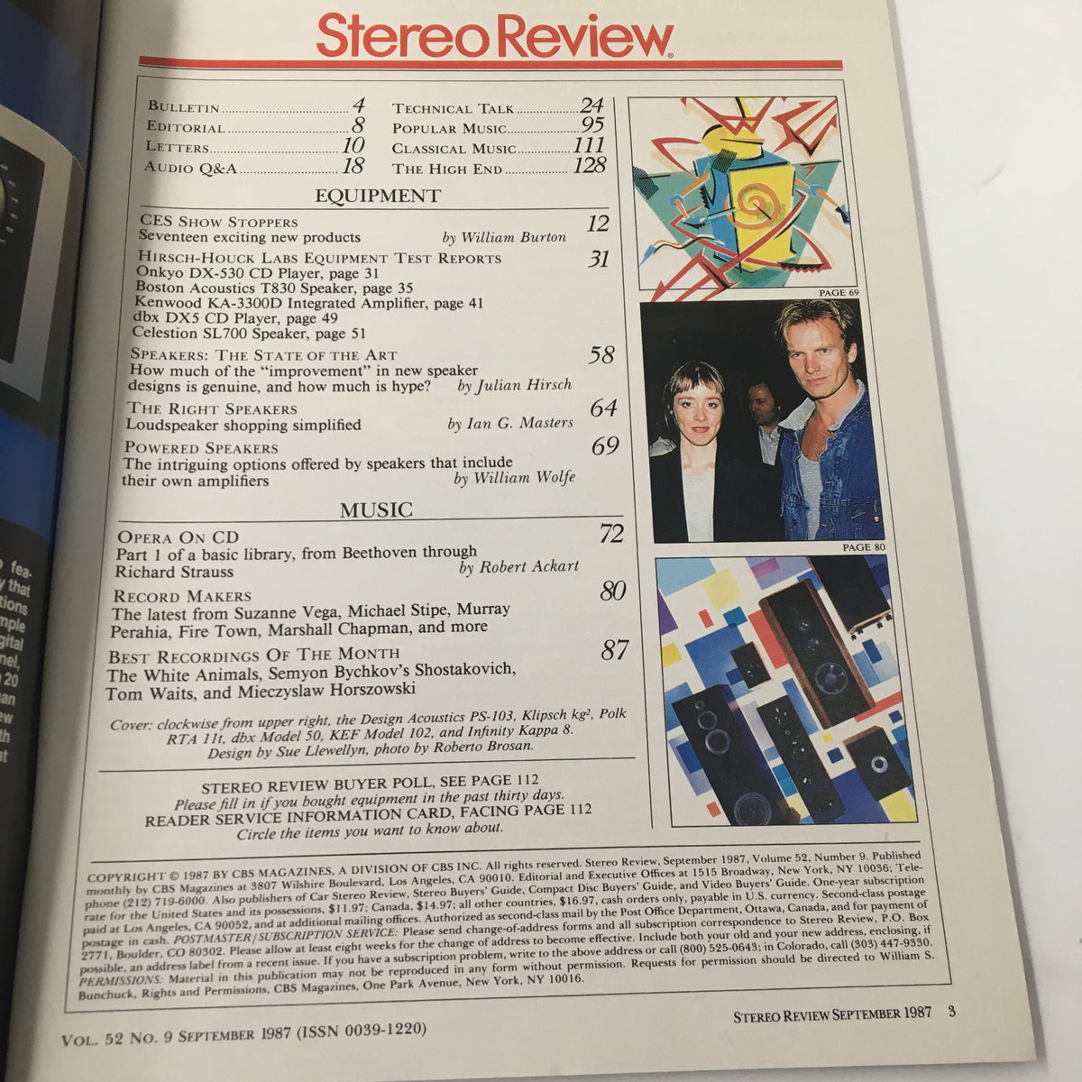 Table of contents from Stereo Review Magazine September 1987 featuring reviews and articles on audio equipment including Design Acoustics PS-103 and Klipsch KG2 speakers.