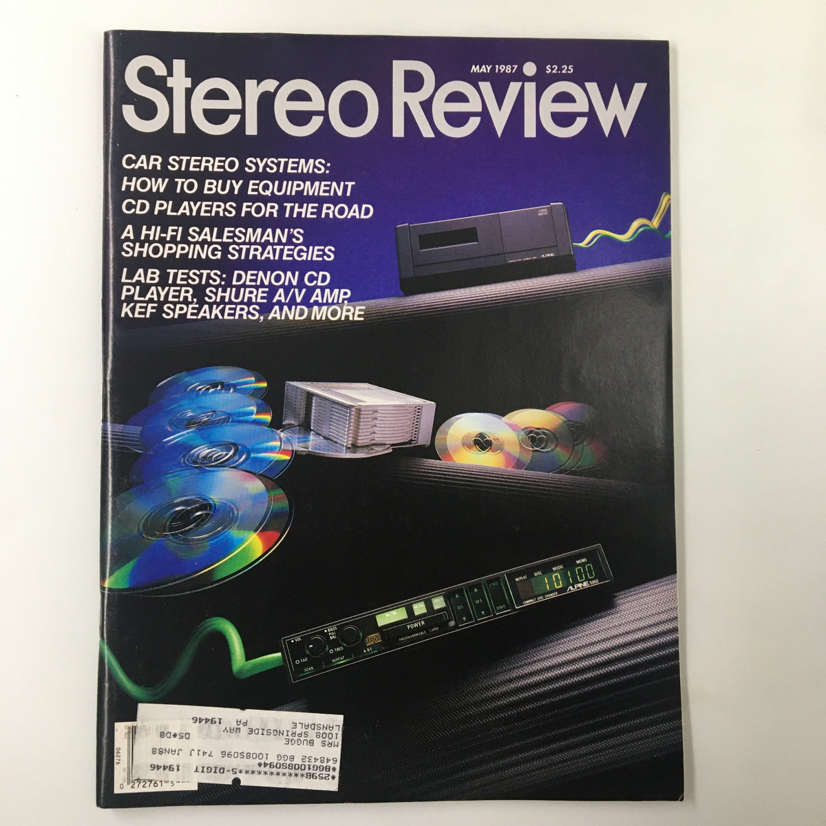 Cover of Stereo Review Magazine May 1987 featuring the title, spotlighting the Alpine Model 5950 Truck-Mounted Car CD and highlighting articles on car stereo systems and equipment.