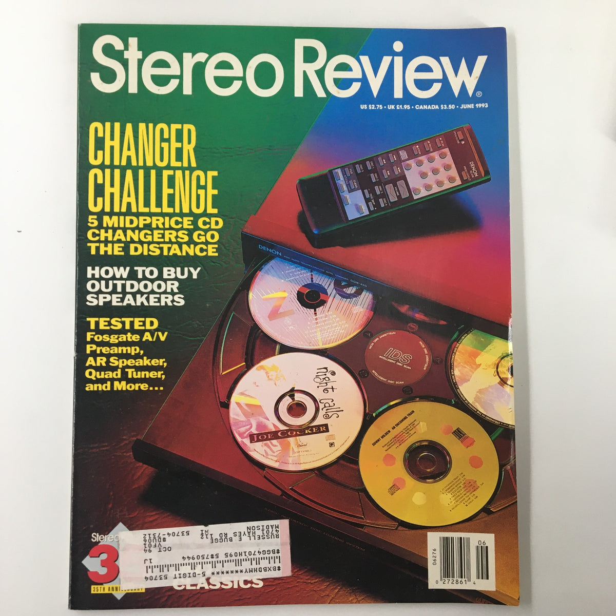 Cover of Stereo Review Magazine June 1993 featuring Ken Pohlmann's comparison tests, showcasing a CD player with discs, promotional text announcing content on outdoor speakers and CD changers.