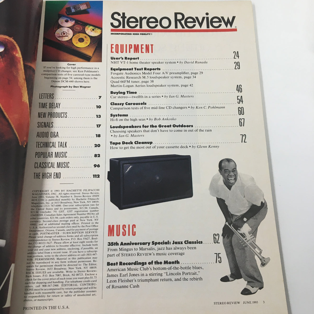 Page from Stereo Review Magazine June 1993 displaying the table of contents, highlighting articles on equipment, music, and features including Ken Pohlmann's comparison tests.