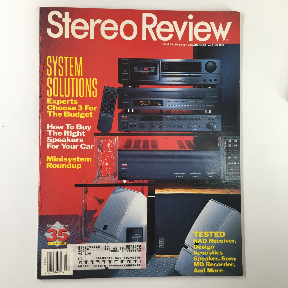 Stereo Review Magazine August 1993 featuring Adcom GTP-500II Tuner/Preamp and GFA-2535, showcasing high-fidelity audio equipment.