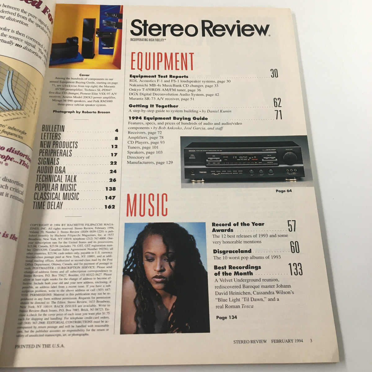 Table of contents page from Stereo Review Magazine February 1994 highlighting sections on Equipment and Music.