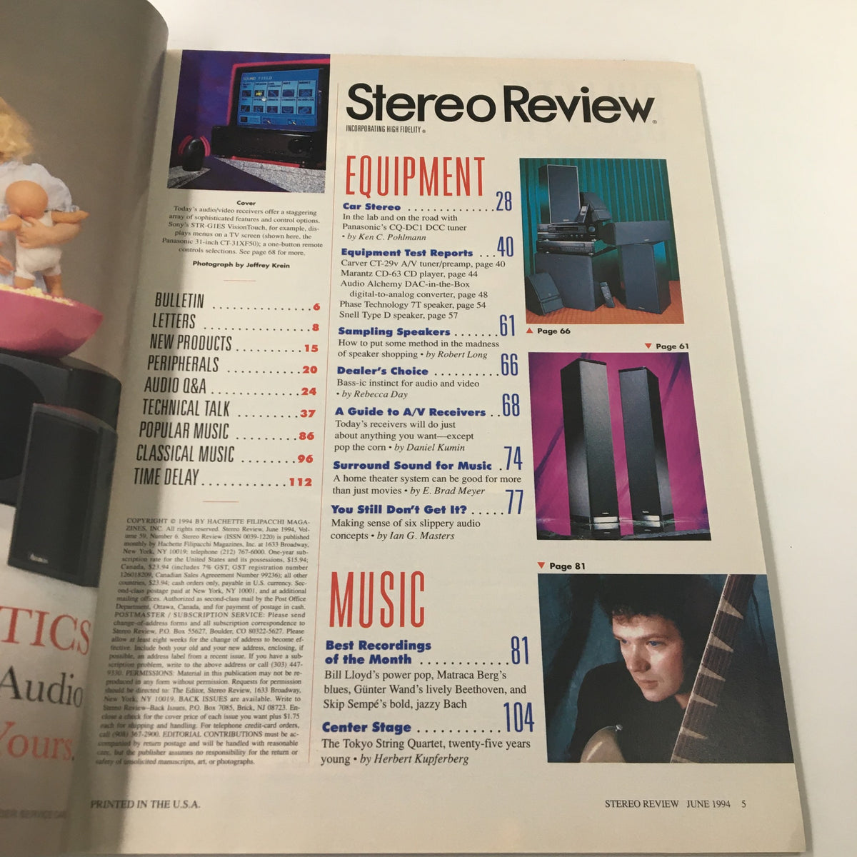 Interior page of Stereo Review Magazine June 1994 featuring a contents list, illustrating various articles on equipment and music, highlighting the publication’s focus on audio technology.